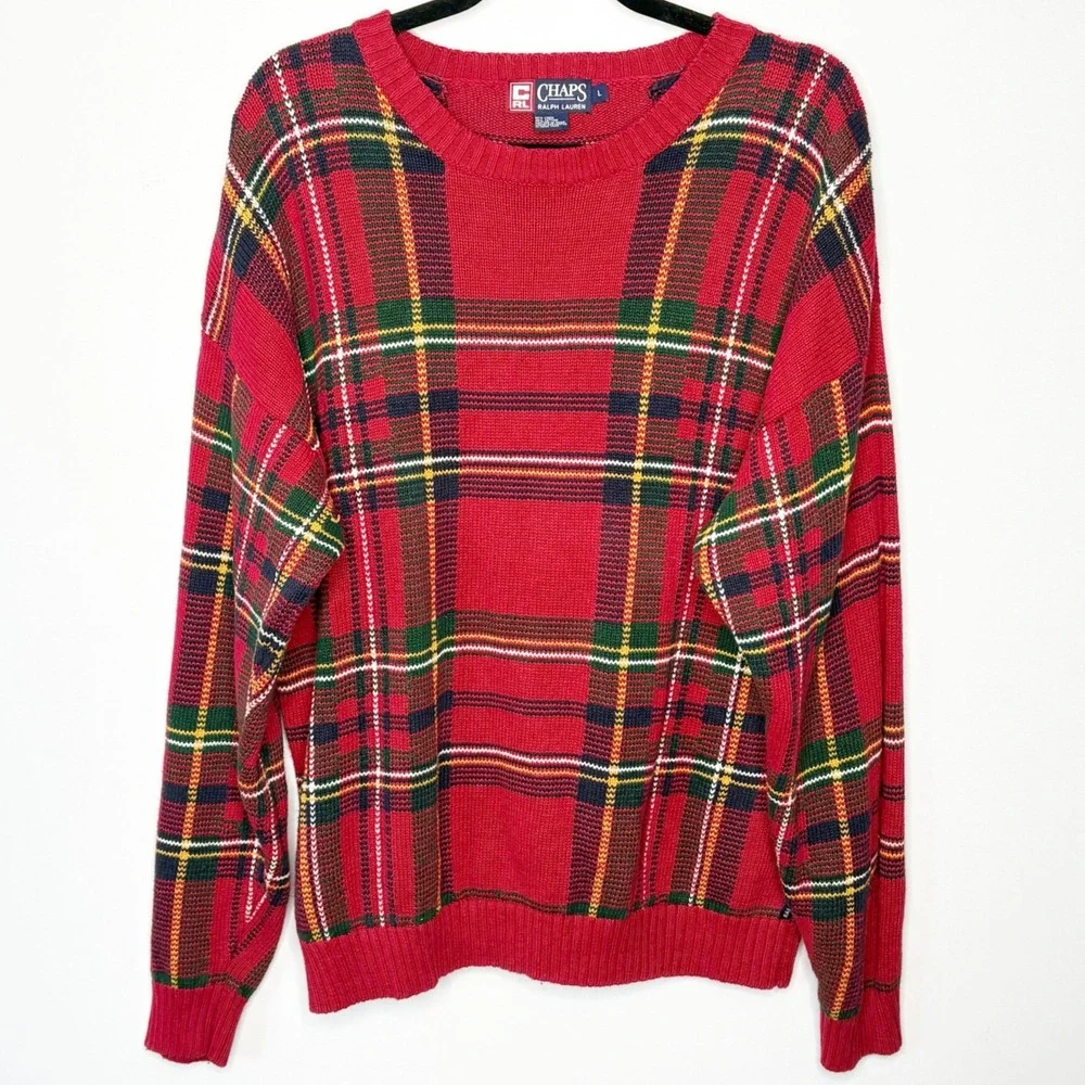 Chaps Ralph Lauren Mens Large Red Plaid Linen Cotton Crewneck Sweater Vintage